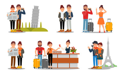 People Characters Travelling Together. Young Man And Woman Having Journey Around Europe Vector Illustration