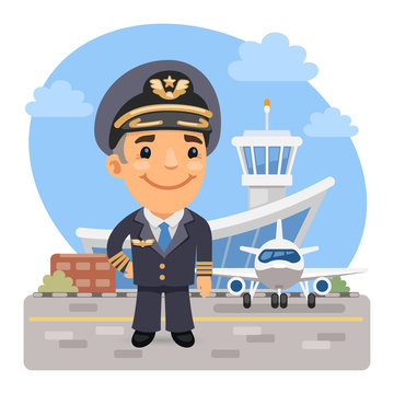 A cartoon smiling pilot of the plane stands on the background of the airport and airbus. Composition with a professional man. Flat male character.
