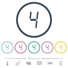 digital number four of seven segment type flat color icons in round outlines