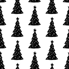 Cute cartoon christmas tree background with hand drawn firs. Sweet vector black and white christmas tree background. Seamless monochrome doodle christmas tree background for various projects.