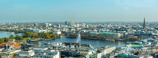 panoramic aerial view of Alster Lake in Hamburg, Germany and cityscape on sunny day