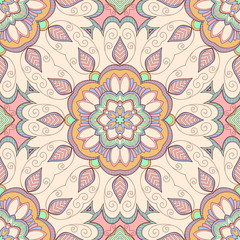 Decorative colorful ethnic seamless pattern for fabric or wrapping in oriental style. Hand drawn illustration