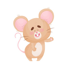 Cartoon mouse greets and waves a hand. Vector illustration.