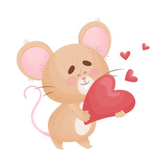 Cartoon mouse holds in his hands more heart. Vector illustration.