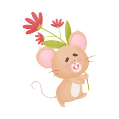 Cartoon mouse holds a stalk with a red flower. Vector illustration.