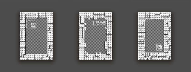 illustration template empty frame set for photo of realistic 3d plastic details in white color. Pattern of shiny plastic construction blocks of different sizes with shadow isolated on black background