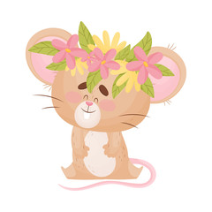 Cartoon mouse with a wreath of flowers on his head. Vector illustration.