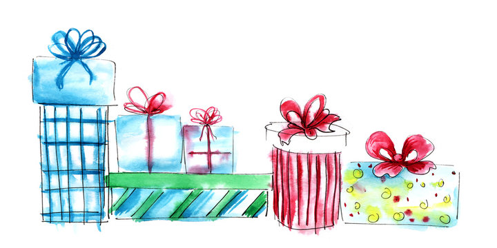 Composition from Beautiful multi-colored gift boxes with bows. Hand drawn watercolor sketch illustration. festive holiday mood