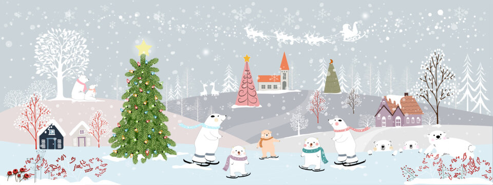 Panoramic of winter landscapes with snow,Vector of horizontal banner of winter wonderland with cute polar bear family looking up at Santa Claus and Reindeers in sky,Merry Christmas and Happy New year