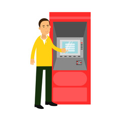 Young Man In Casual Clothing Standing Near ATM Vector Illustration