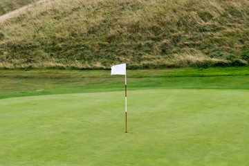 Obraz premium flag and pole in the hole of a green on a golf course