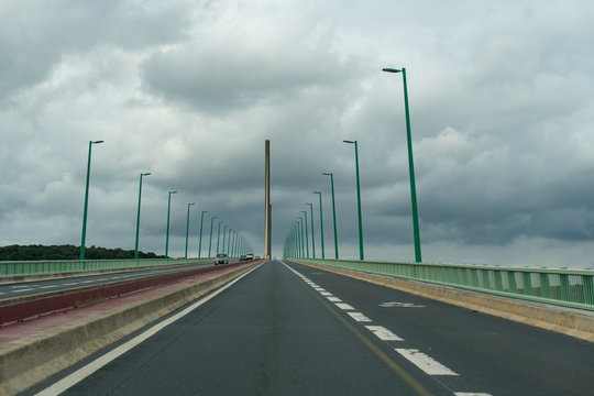cars and trucks crossing the Brotonne bridge over the Seine River in Normandy