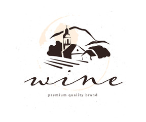 Vector wine label logo design template with hand drawn landscape village vinery illustration and text sample isolated on white background. For family vineyard brand, restaurant menu, bar etc.