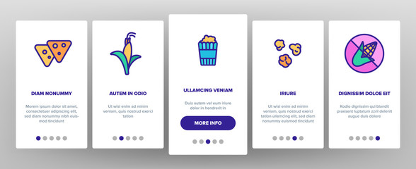 Corn Food Onboarding Mobile App Page Screen Vector Thin Line. Pop Corn And Corncob, Maize Grain And Package, Cart And Nutrition Field Concept Linear Pictograms. Color Contour Illustrations