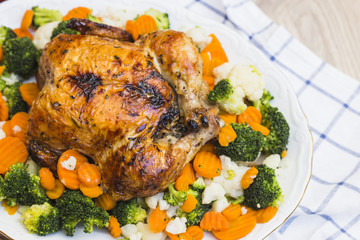 Roasted chicken with vegetables on plate