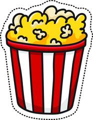 Doodle vector popcorn icon. Hand drawn color sticker or badge. Cartoon food image with dotted line. Classical symbol snack while watching movie. Big red and white tub