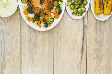 Various food on wooden table