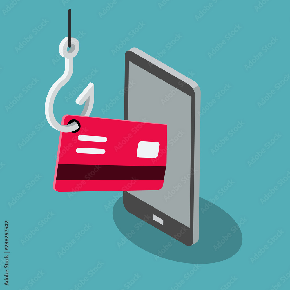 Aufkleber phishing scam vector symbol with cell phone, red credit card and fishing hook isolated on blue backg