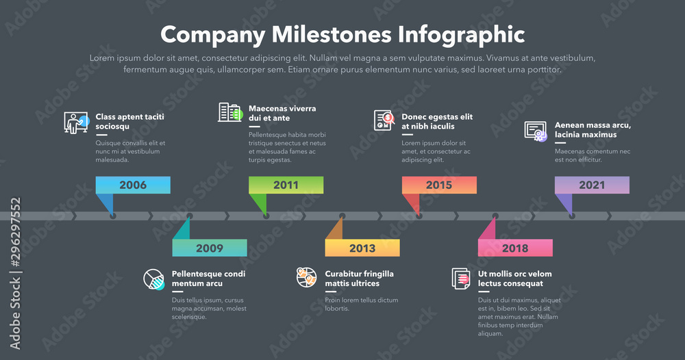 Poster Modern business infographic for company milestones timeline template with line icons - dark version. Easy to use for your website or presentation.