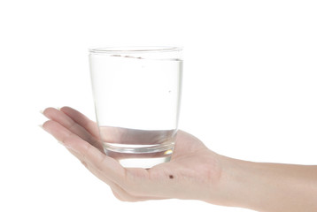 Woman hand with glass of water isolated on white background