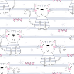 Cute hand drawn cats colorful seamless pattern background