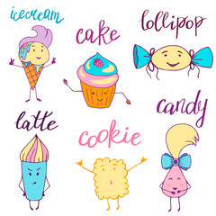 Kawaii style, desserts and pastry. Cute cartoon characters of cake, ice cream, coffee, candy, cookie and lollipop. Vector illustrations of sweets. Colorful sketch. Doodle style