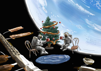 Cartoon of astronauts outside space station in orbit having cocoa with Christmas tree