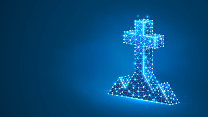 Christian cross on a hill. The crucifixion of Jesus, the Christian religion concept. Abstract, digital, wireframe, low poly mesh, vector blue neon 3d illustration. Triangle, line, dot
