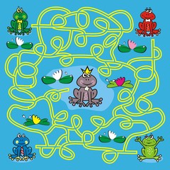 Maze, frogs, find right way to Frog Queen. Vector funny illustration.