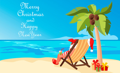 Santa on vacation. Christmas in the tropics. Santa Claus on the beach. Santa on the ocean