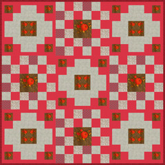 Quilt design n.6, collage for a quilt, red and beige with floral elements