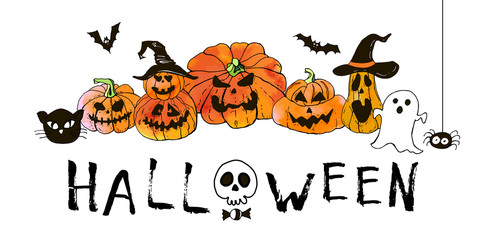 Happy halloween greeting card. Vector stock set. Cute cartoons with BOO lettering. Holiday background. Hand drawn design elements. For postcards, greetings, logo.