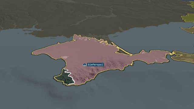 Crimea - autonomous republic of Russia (territory after annexation of Crimea in 2014) with its capital zoomed on the administrative map of the globe. Animation 3D