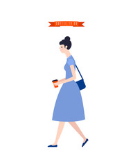 Young cute girl in a dress walking with coffee in hand. Flat vector illustration with woman and ribbon. Design element for cafe, cafeteria, coffee shop, bakery, takeaway coffee, fast food.