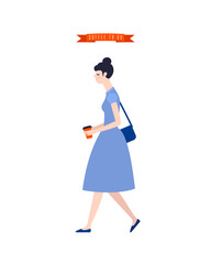 Young cute girl in a dress walking with coffee in hand. Flat vector illustration with woman and ribbon. Design element for cafe, cafeteria, coffee shop, bakery, takeaway coffee, fast food.