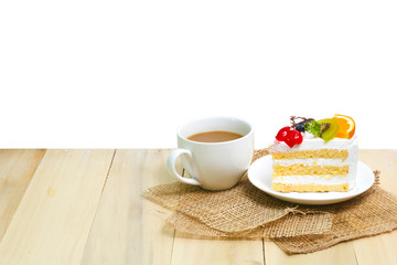 Obraz na płótnie Canvas Slice cake with coffee cup on wood , white background
