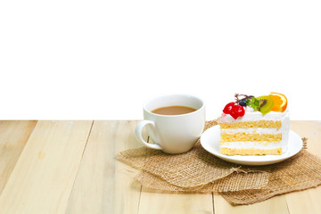Slice cake with coffee cup on wood , white background
