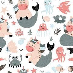Tapeten Einhörner-Meerjungfrauen nahtloses Muster für Kinder © rosypatterns