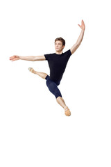 Fototapeta na wymiar Actor Russian ballet,young ballet dancer performing complex elements on a white background