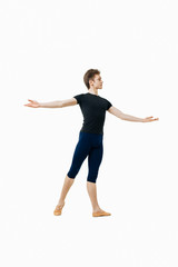 Actor Russian ballet,young ballet dancer performing complex elements on a white background