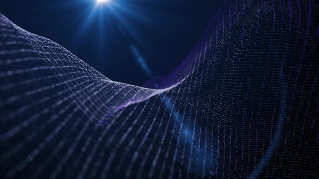 Digital blue color particles wave flow abstract motion background