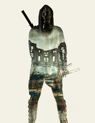 post apocalypse and gas mask	, double exposure