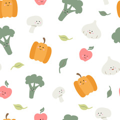 Cute food - broccoli, apple mushroom and garlic