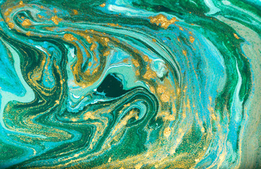 Blue, green and gold glitter pattern. Golden powder liquid texture.