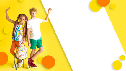 Fashionable boy and girl in bright summer clothes with hairstyles have fun on a yellow background holding a backpack in hands, collage