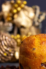 Christmas Panettone with slice and Christmas setting. Typical Italian Christmas holiday cake