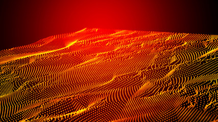 Wave of glowing dots on dark background. Futuristic sand dune landscape. Desert imitation. 3d rendering.