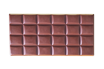 One bar of whole dark bitter or milky chocolate with rectangular sections isolated on white background without shadows. Top view