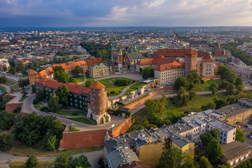 Wawel castle in Cracow at first light of sunrise - aerial view