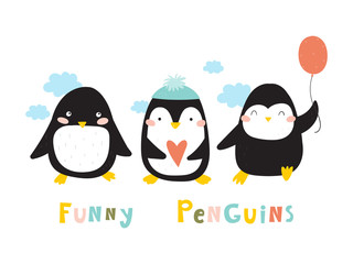Obraz premium Cartoon cute penguins vector character. Christmas print with penguins in hats. Bright funny cartoon card .